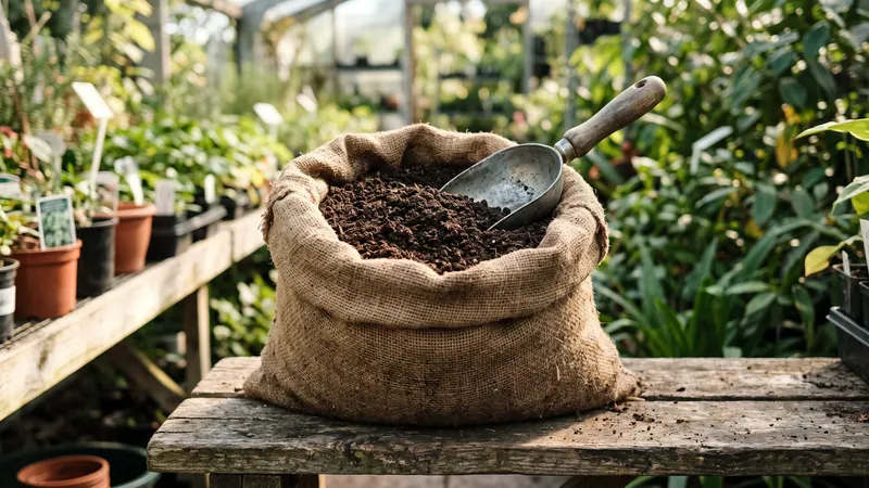 An open jute sack of vermicompost with a metal scoop, on a nursery bench