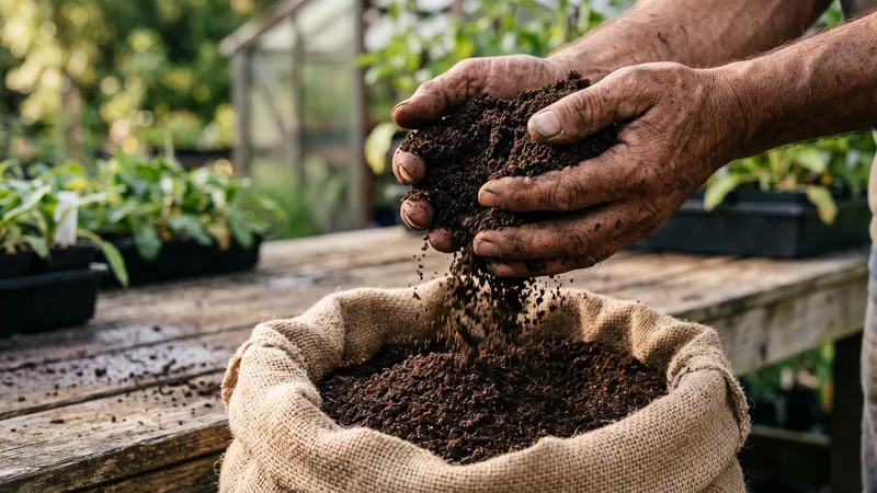 A handful of dark crumbly vermicompost falling through open hands into an open jute sack