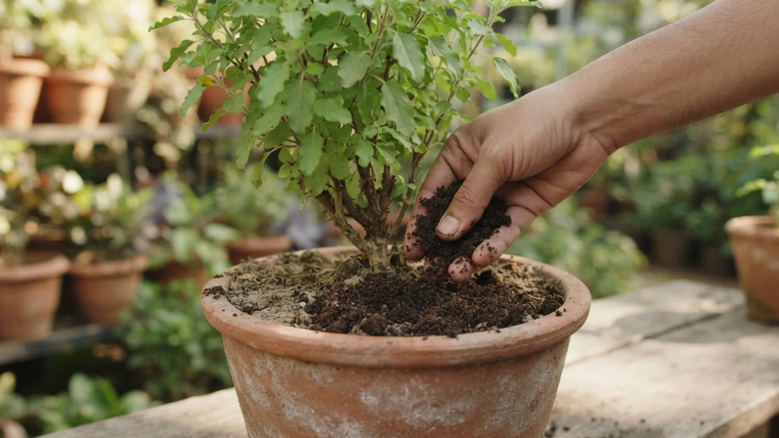 A hand sprinkling vermicompost onto the soil of a potted tulsi plant
