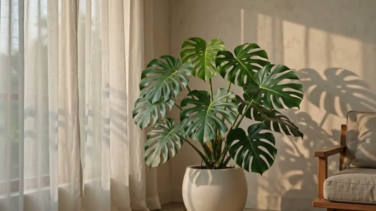 A large Monstera Deliciosa in a white ceramic pot beside a curtained window