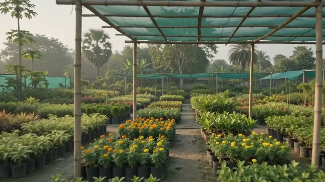 Rows of potted plants in an open nursery bed, leading toward a polytunnel