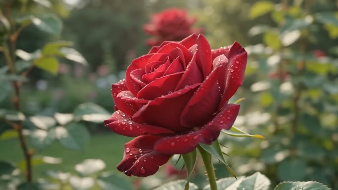 A deep red rose in full bloom, dew on its petals, in a soft green garden