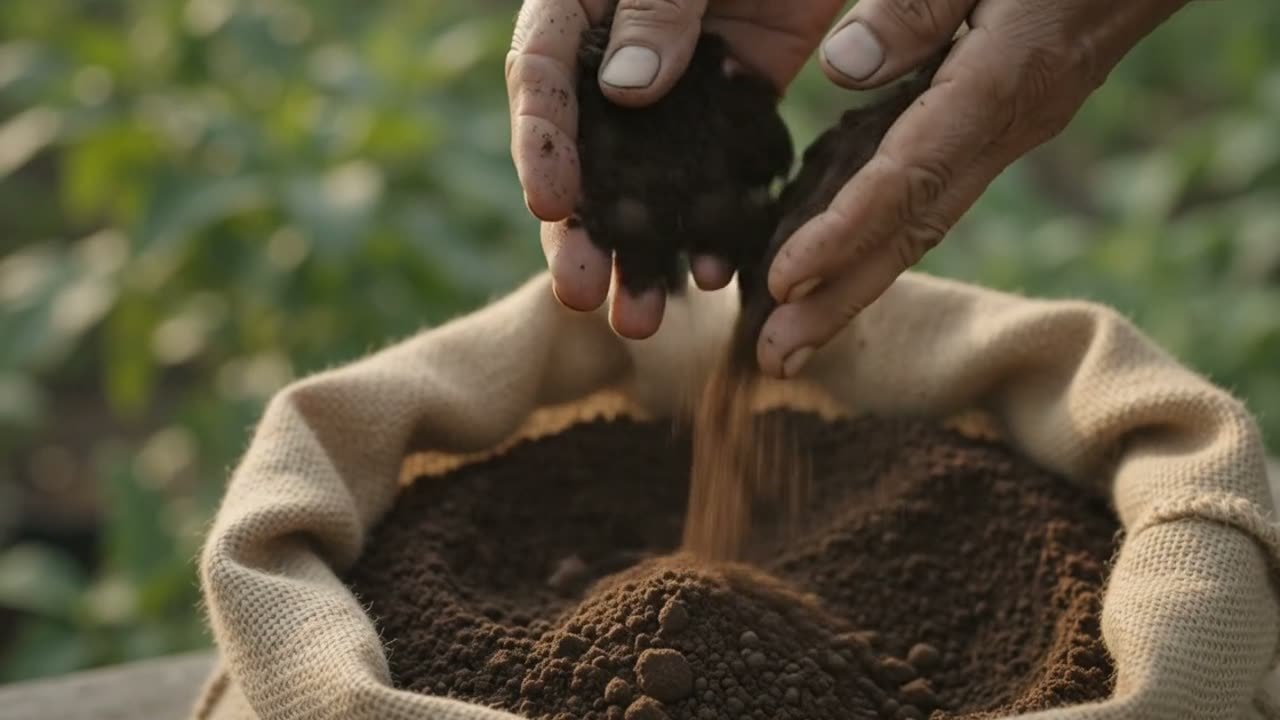 Weathered hands lifting a handful of dark crumbly vermicompost from an open jute sack and letting it fall back through the fingers